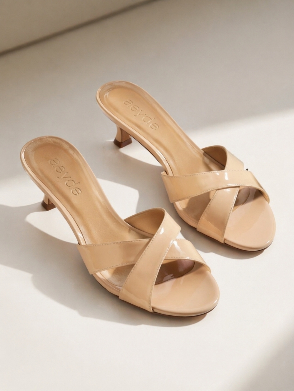 Aeyde Stina Patent Leather Kitten Heel Mule Neutral Quiet Luxury 10.5
